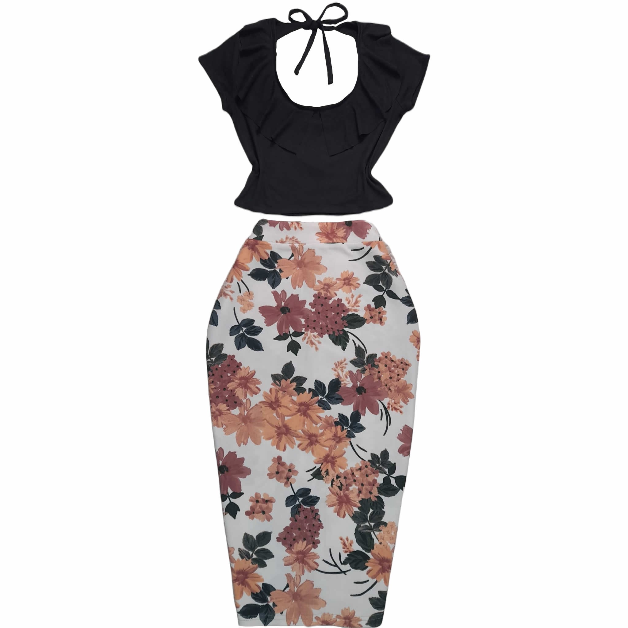 Ruffles Crew Neck Long Sleeve Blouse And Floral Pencil Skirt